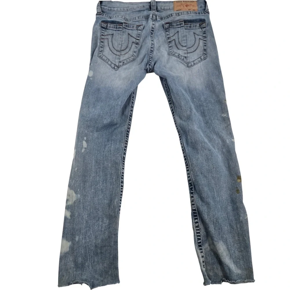 True Religion Rocco Jeans Mens 31 Thrashed Paint Splat Relaxed Skinny Blue Denim